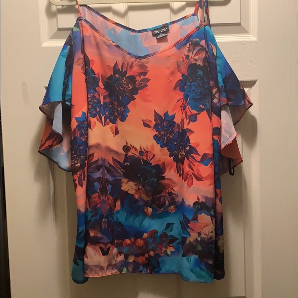 City chic neon blue and orange flowy cold shoulder
